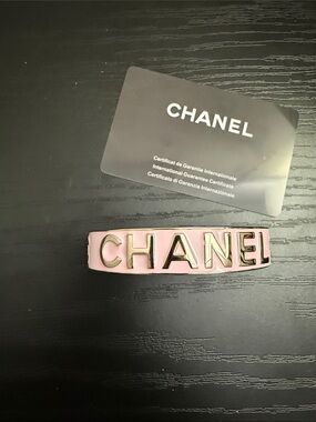 CHANEL Pink Leather Logo Cuff with Gold Letters